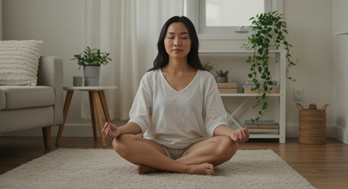 Person meditating in a calm home environment, symbolizing mental clarity during detox.