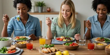 Mindful Eating for Americans: Improve Digestion by 10% in 2025 Diverse Americans practicing mindful eating with healthy food