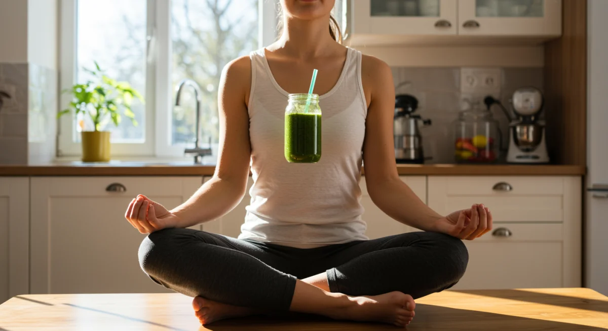Woman meditating with healthy green smoothie in a bright kitchen
