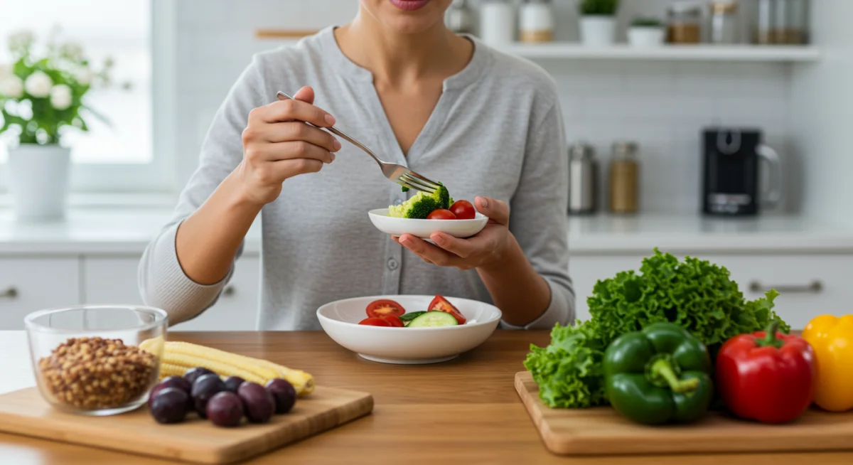 Person mindfully eating a personalized healthy meal in a modern kitchen