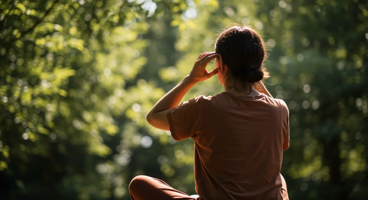 Person performing eye exercises in a shaded outdoor setting.