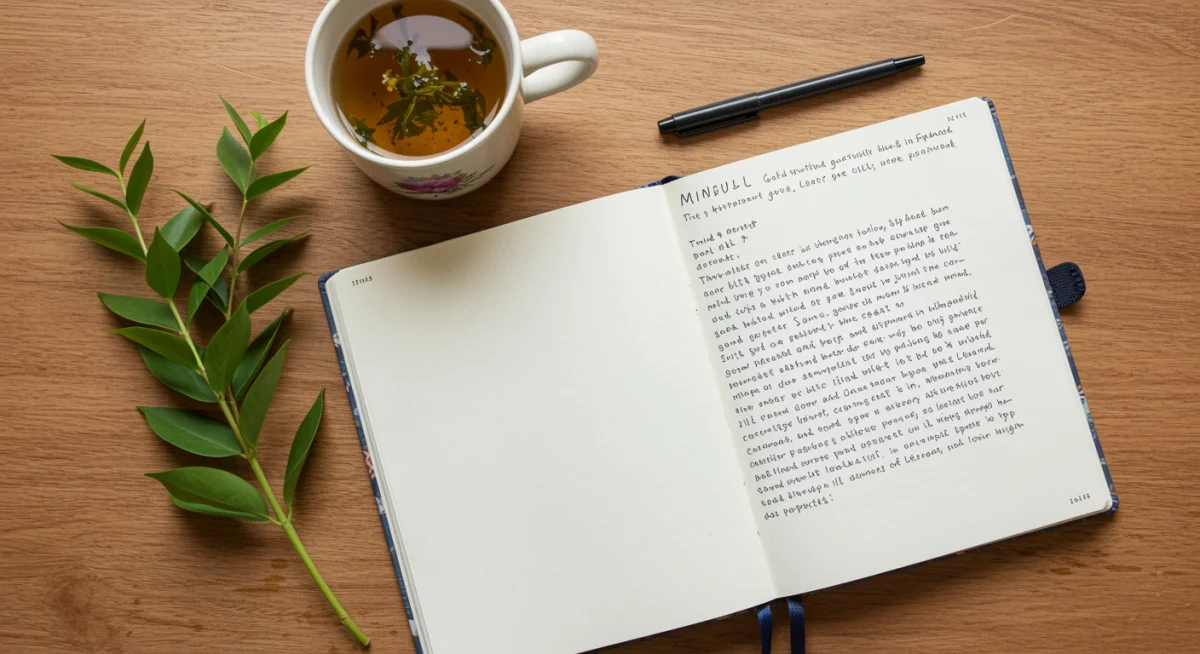 Mindful journaling with herbal tea and plant, aiding self-reflection and mental well-being.
