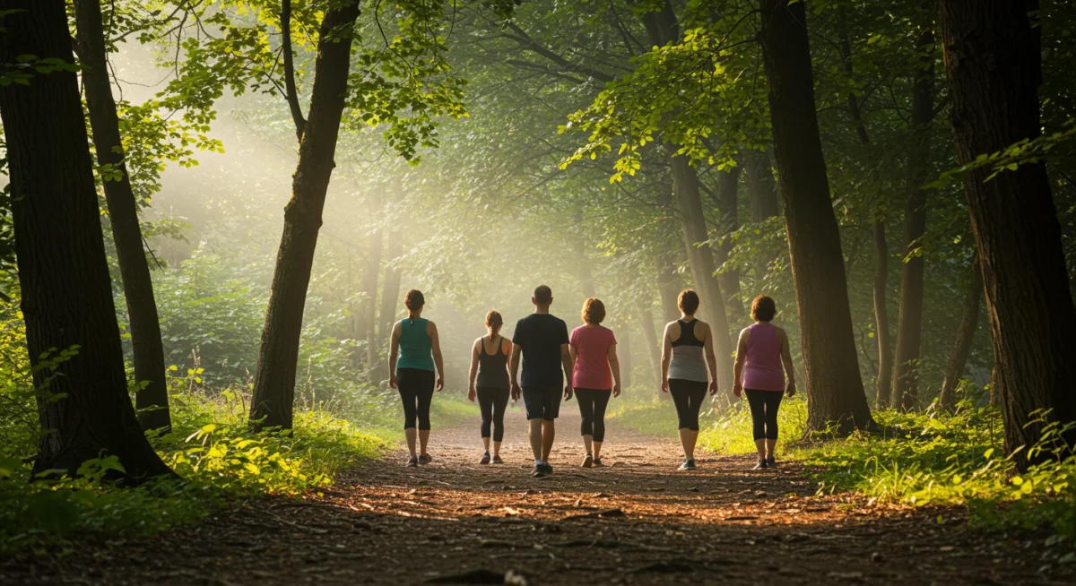 Diverse group mindfully walking in a sunlit forest, emphasizing community and nature connection.
