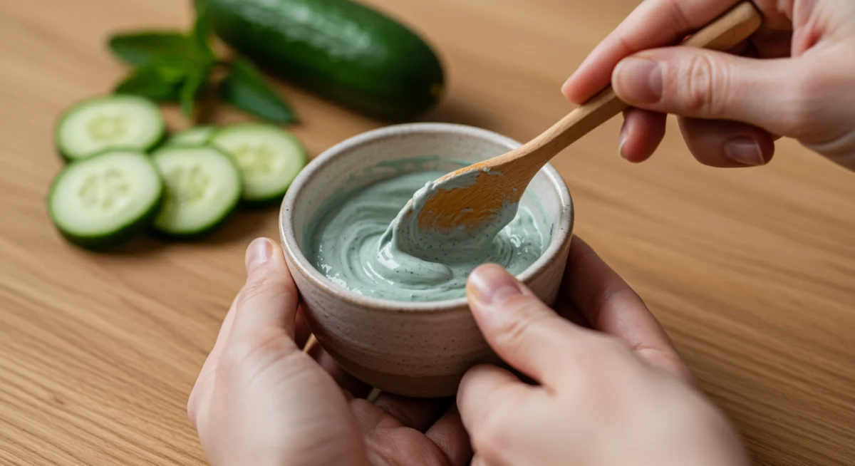 Hands mixing a homemade face mask with natural ingredients
