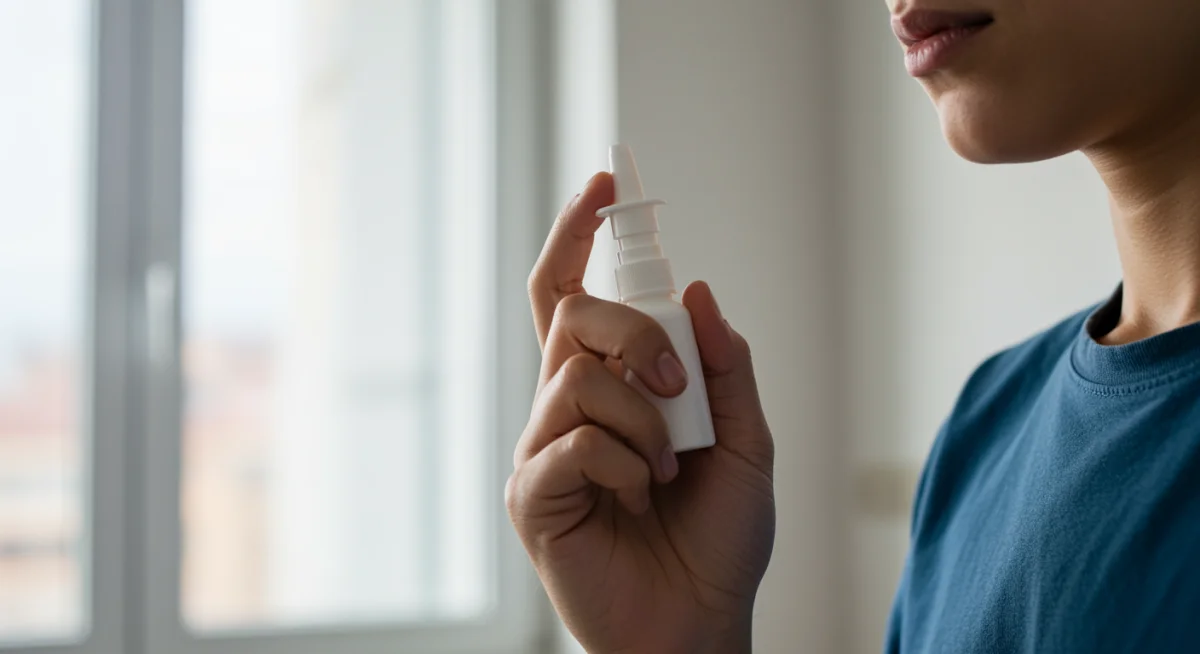 Person using nasal spray for allergy relief in a modern setting.