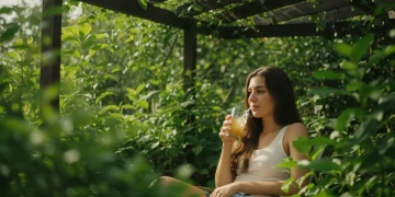 Person relaxing in a naturally cooled outdoor space with plants.