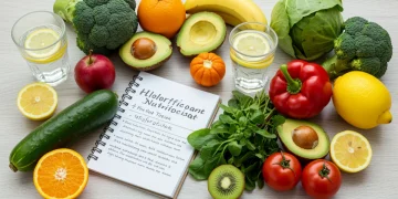 Assortment of fresh fruits, vegetables, and herbs for natural detox, with a nutritionist's journal.