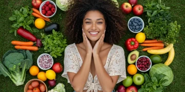 Smiling person surrounded by fresh produce, symbolizing natural detox and enhanced immunity for a healthier future.