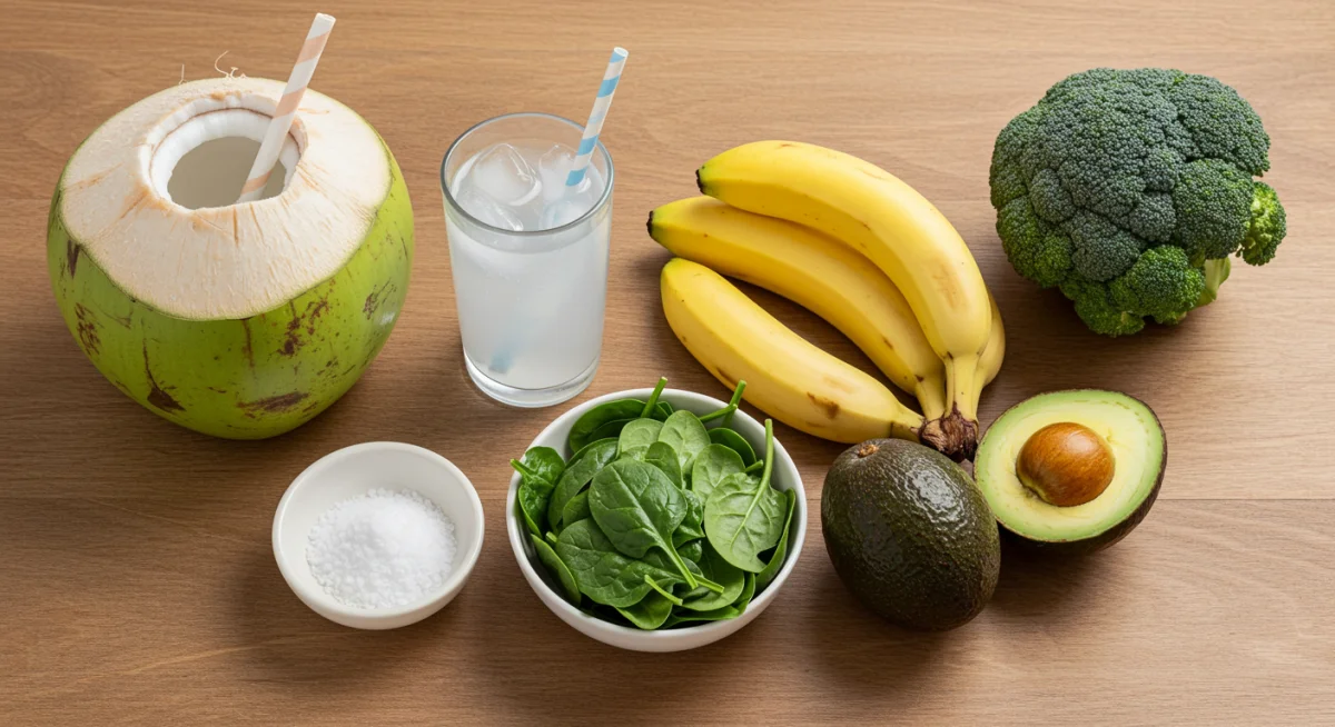 Variety of natural electrolyte-rich foods and drinks for enhanced summer hydration.