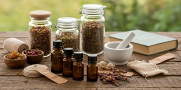 Natural first-aid kit with essential oils and herbs