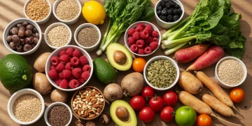 Colorful spread of fresh natural foods for optimal nutrient absorption.