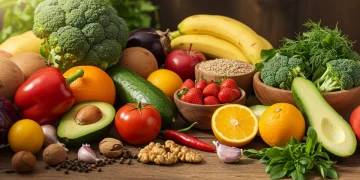 Colorful fresh produce and herbs on a wooden table, symbolizing natural gut health