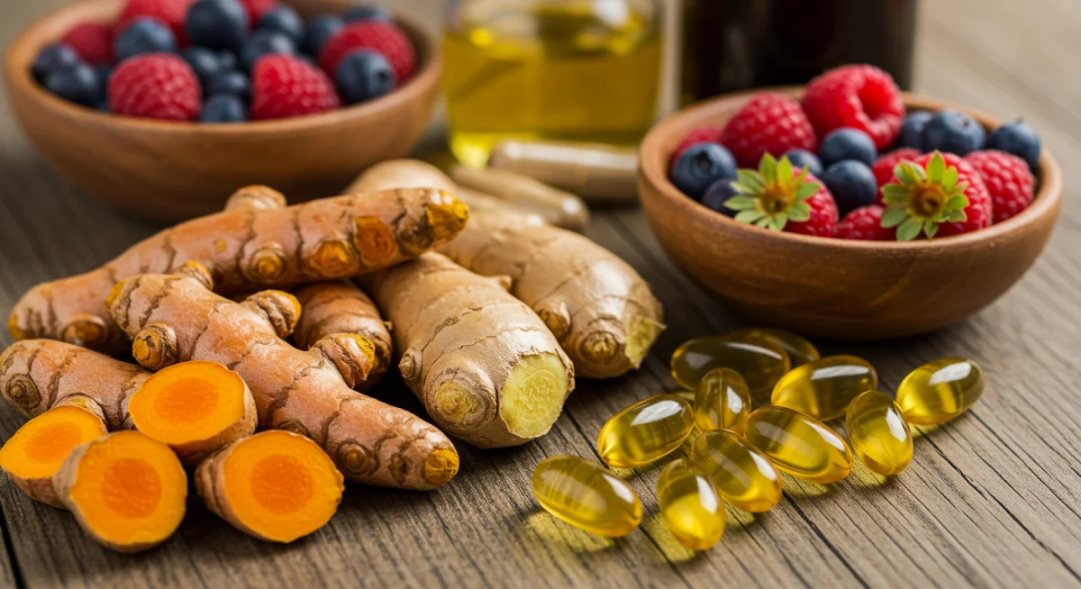 Assortment of natural ingredients like turmeric, ginger, and berries for joint health.