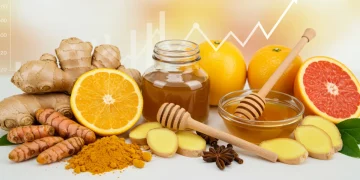 Assortment of natural remedies ingredients like ginger and honey, with a subtle financial growth chart in the background.