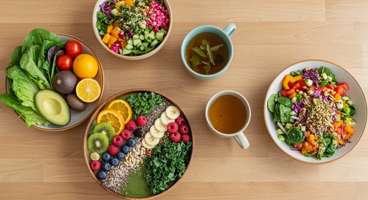 Overhead view of healthy, colorful, nutrient-dense meals for detox.