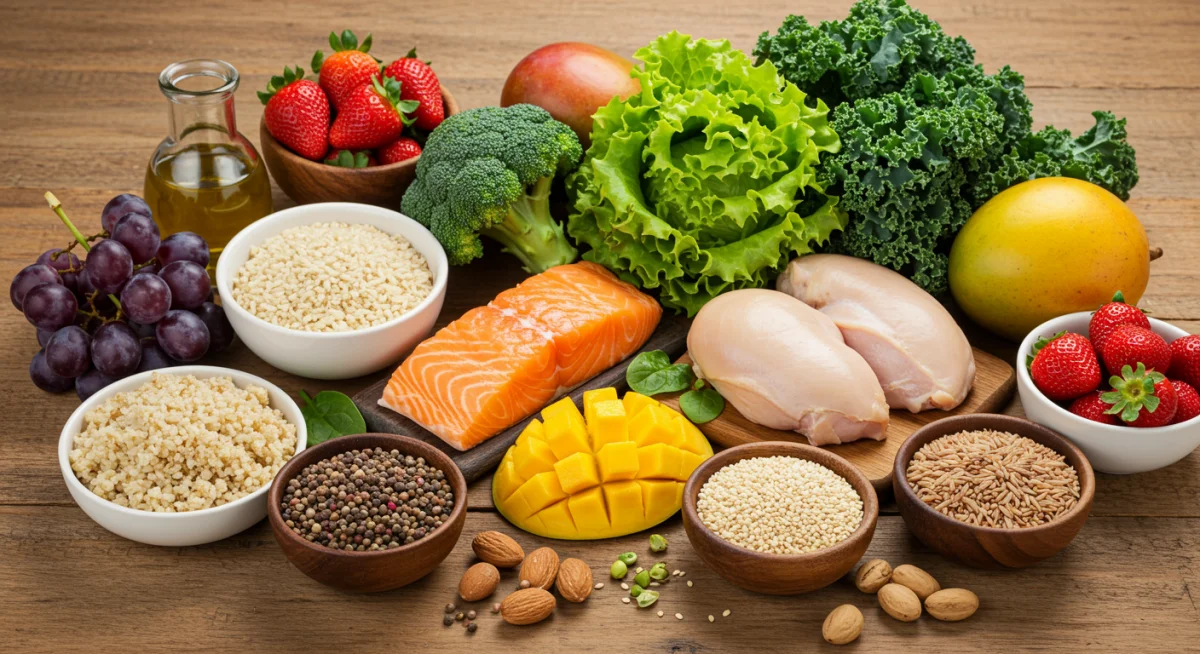 Array of nutrient-dense, minimally processed foods for a healthy diet.