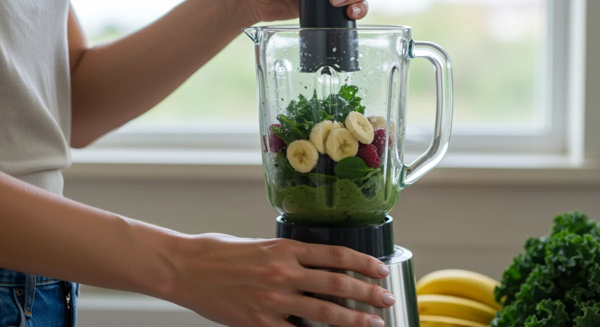 Hands preparing a nutrient-rich smoothie for better absorption.