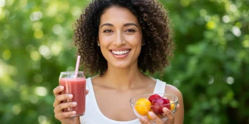 Woman with smoothie and fruit, radiating energy from optimized micronutrient absorption
