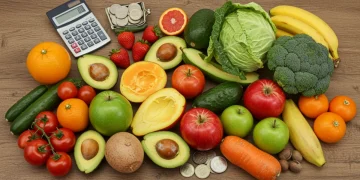 Organic produce and financial tools on a wooden table, symbolizing budget-friendly holistic eating.