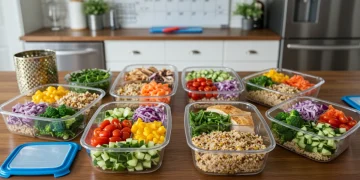 Organized meal prep containers with healthy food for busy Americans