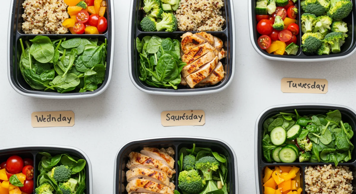 Organized meal prep containers with healthy spring dishes