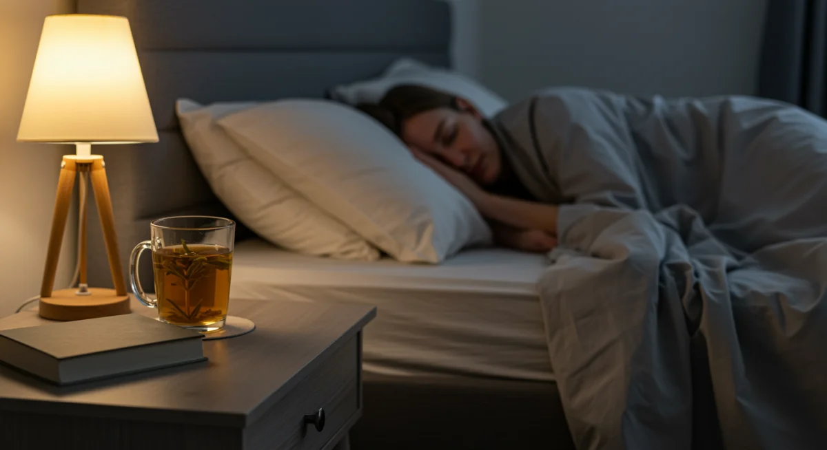 Person sleeping peacefully in a dimly lit room with herbal tea on nightstand.
