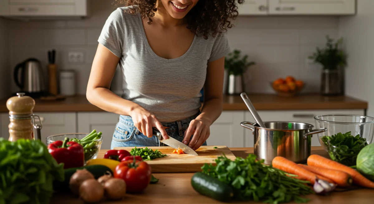 Person preparing a fresh, healthy, gut-friendly meal with organic ingredients