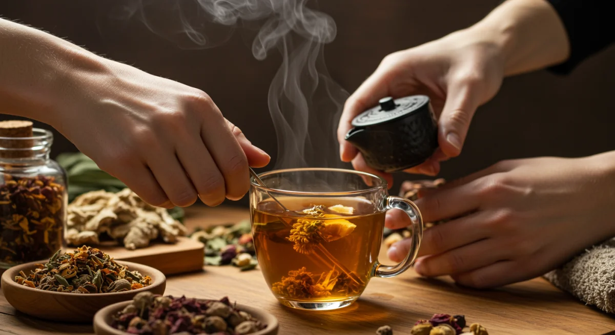 Hands preparing a soothing herbal tea with natural ingredients, promoting home-based wellness.