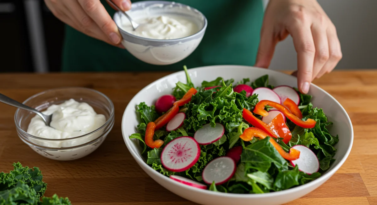 Hands preparing fresh seasonal salad with probiotics