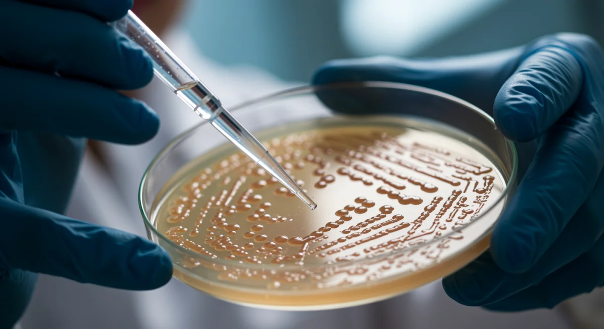 Petri dish with probiotic colonies, symbolizing laboratory research and new strains.