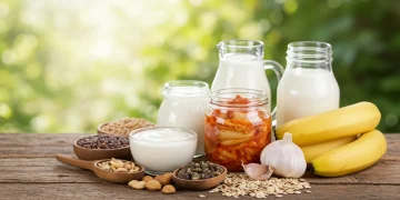 Assortment of probiotic and prebiotic foods for digestive health