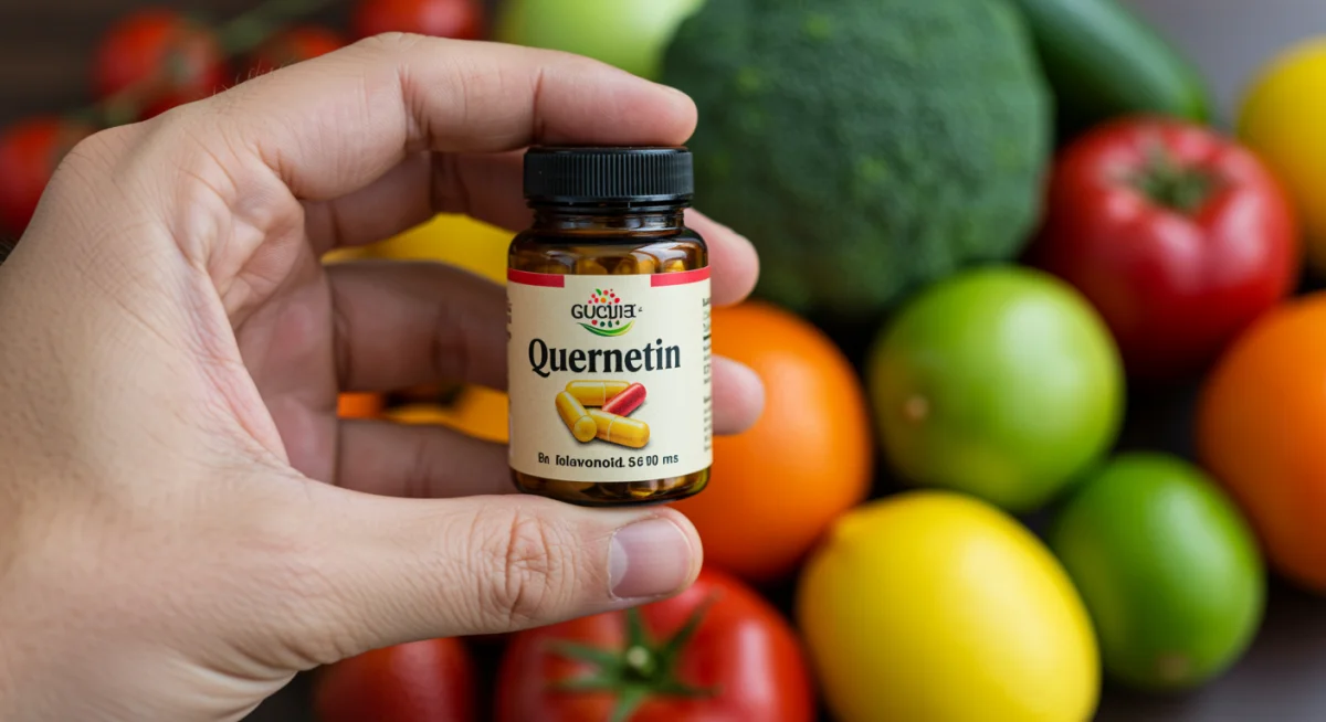 Hand holding Quercetin supplement bottle with fresh fruits and vegetables in the background, highlighting its natural origins.