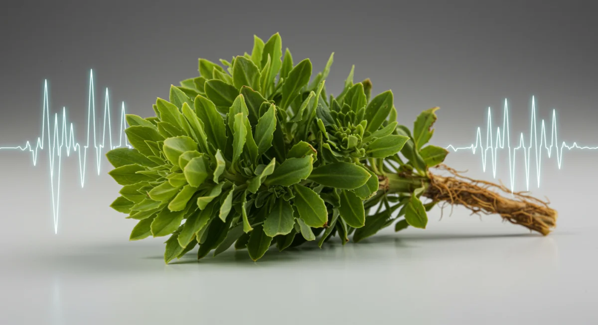 Rhodiola rosea root with digital brain wave overlays, symbolizing cognitive enhancement.