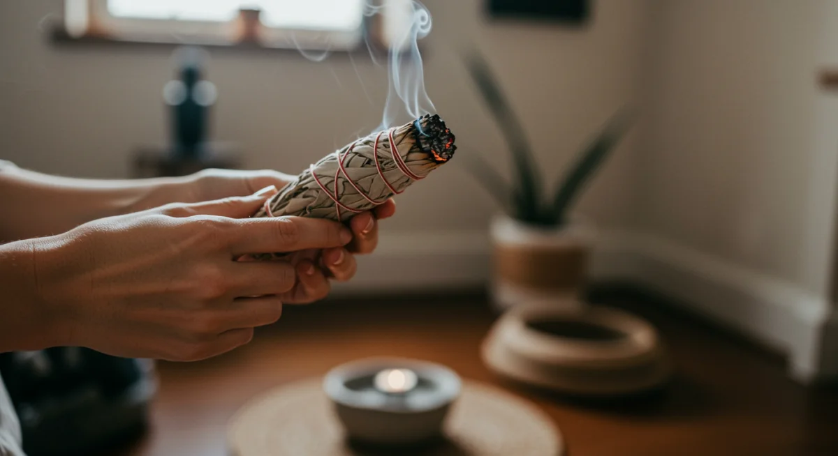 Hands holding burning sage for energy clearing ritual.