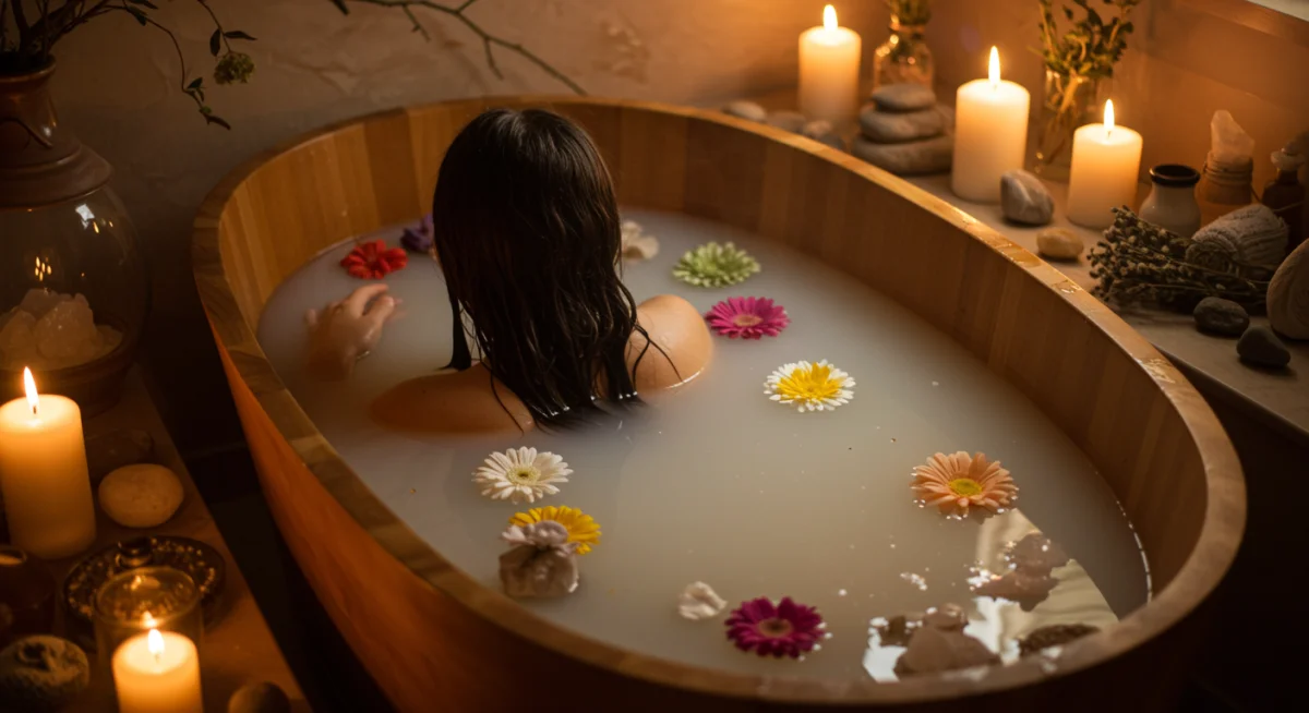 Person enjoying a serene salt bath for spiritual purification.