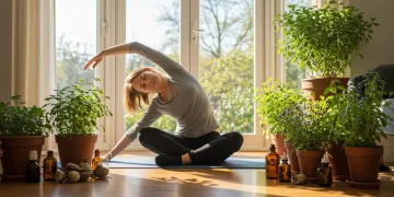 Person stretching, surrounded by natural herbs, symbolizing relief from seasonal aches.