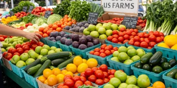 Vibrant farmers' market with fresh, colorful seasonal produce from local US farms.