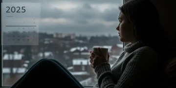 Person contemplating winter landscape, reflecting seasonal mood changes