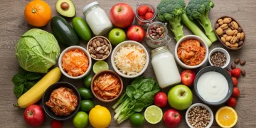 Colorful seasonal produce and fermented foods for gut health