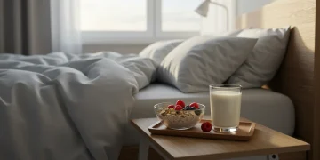 Serene bedroom with healthy breakfast on bedside table, symbolizing sleep and nutrition.