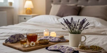 Bedroom with natural sleep aids and calming elements for restful sleep