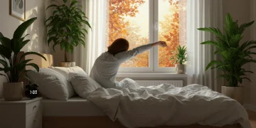 Serene bedroom with natural light, cozy bed, and plants for sleep optimization