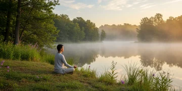 Serene person meditating by a lake at dawn, symbolizing inner peace