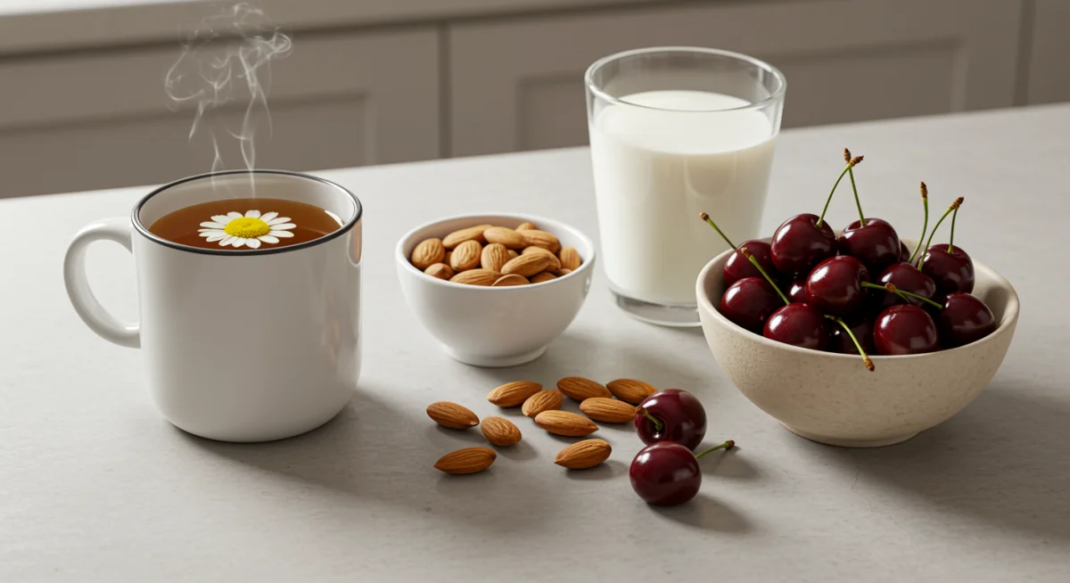 Healthy sleep-promoting foods and drinks on a kitchen counter