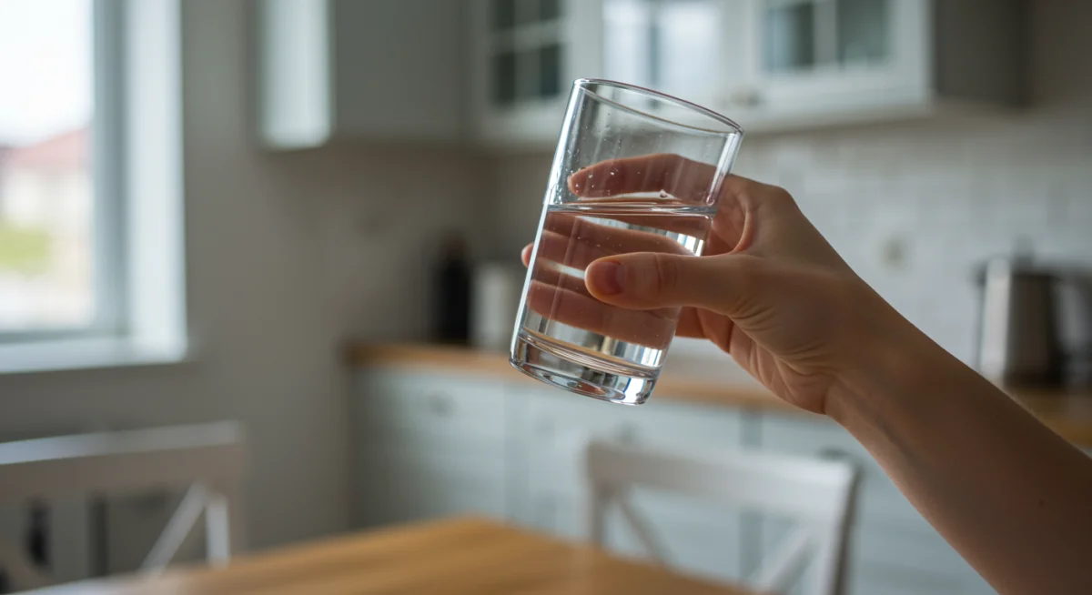 Hand slowly sipping water, emphasizing hydration and pause