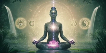 Woman meditating amidst ancient symbols, representing spiritual balance and inner peace.