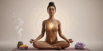 Woman meditating amidst cleansing elements, embodying spiritual purification.