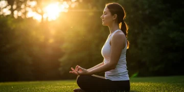 Woman meditating in nature at sunrise, embodying spiritual peace and mental clarity.