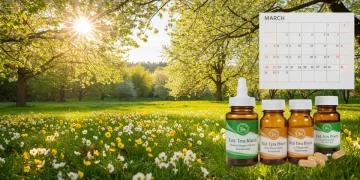 Spring landscape with natural allergy supplement bottles and a calendar, emphasizing early preparation for seasonal allergies.