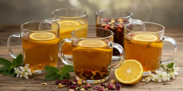 Four vibrant spring detox tea blends with fresh herbs and citrus